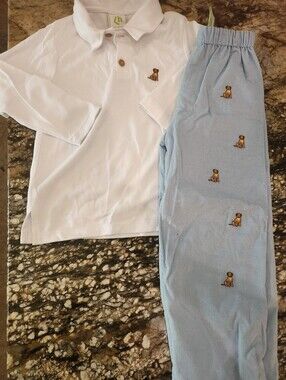 White Polo & Light Blue Embroidered Dog Kids Set